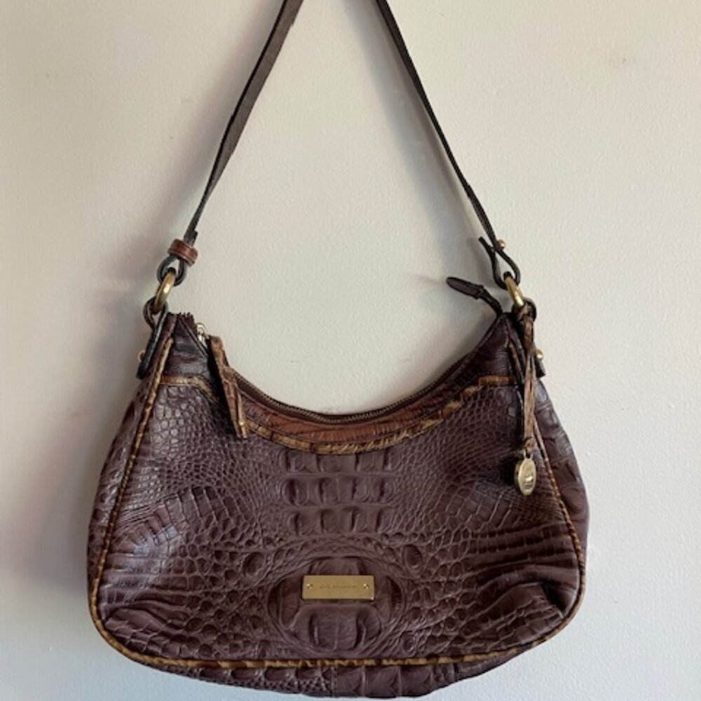 BRAHMIN Lacy Tri Color Grey Croc Embossed Leather Hobo Shoulder Bag
